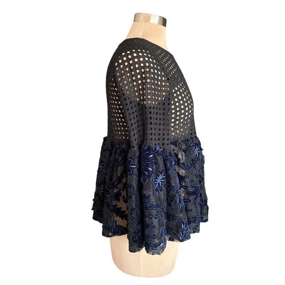 Dor Dor Couture Black Eyelet Blue Velvet Mesh Babydoll Top SM Whimsygoth Fairy - Picture 3 of 10